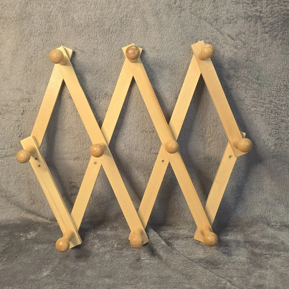Vintage Wooden Accordion Peg Rack Expanding Wall Coat Hat Towel Rack 10 Peg